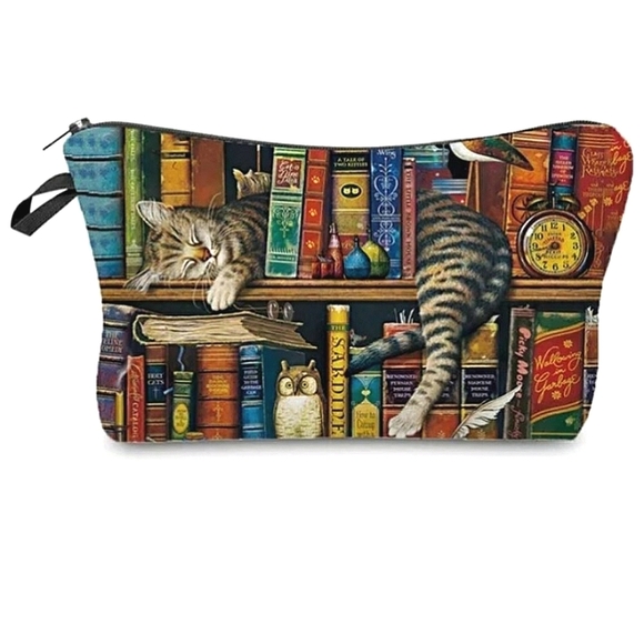 Cat Sleeping in Library Cosmetic/Make-up Bag, NWT - Picture 1 of 3